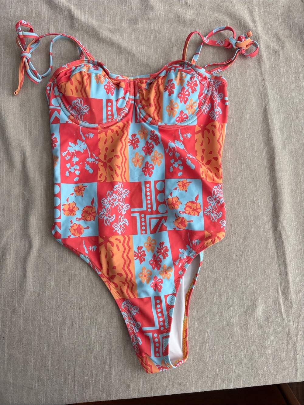 Cider Coral, Orange & Light Blue Floral Patch One-Piece Swimsuit